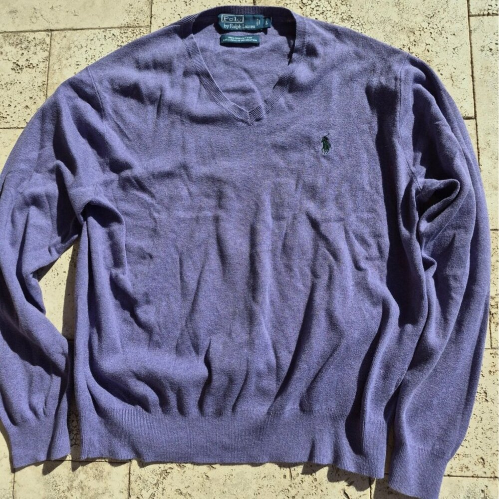 Polo Ralph Lauren Mens Purple V-Neck Sweater 100% Pima Cotton Size L Pony Logo